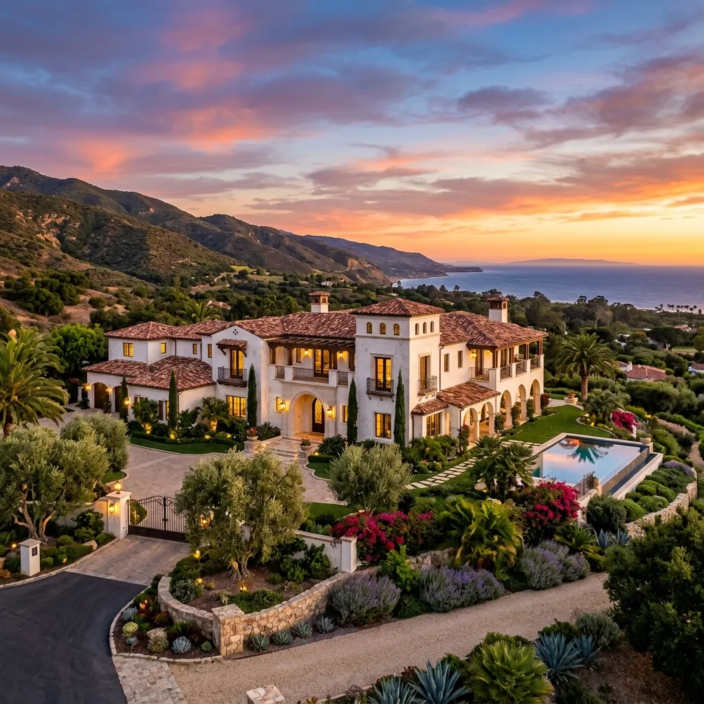 Santa Barbara coastline with red-tile rooftops and the Santa Ynez mountains